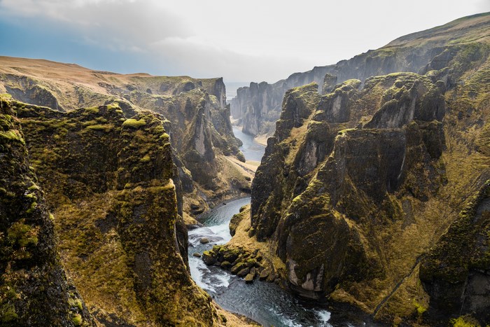 Fjaðrárgljúfur Canyon with river in Iceland