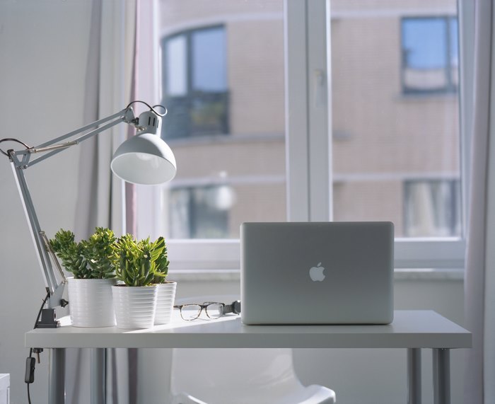 Desk with laptop, plants, lamp, and glasses by window