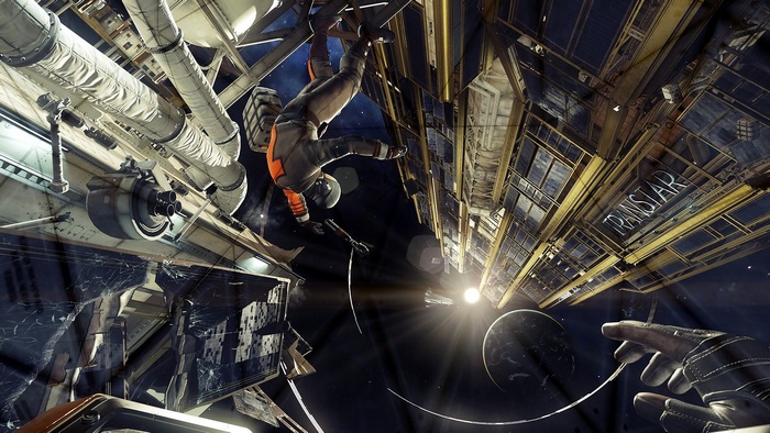 Astronaut in space near Transtar station