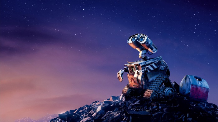 WALL-E on a trash heap under a starry sky