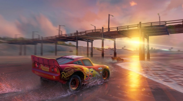 Lightning McQueen Racing Near Pier at Sunset