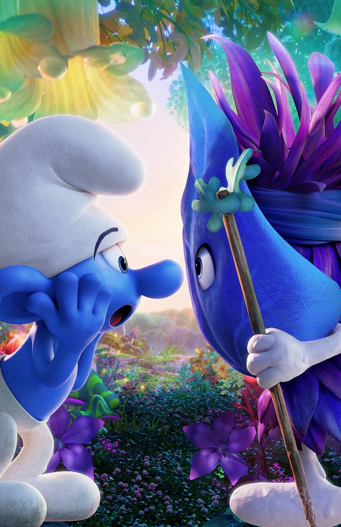 Smurf and creature in a magical forest