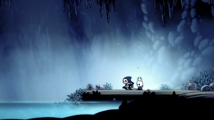 Two characters in Hollow Knight near water