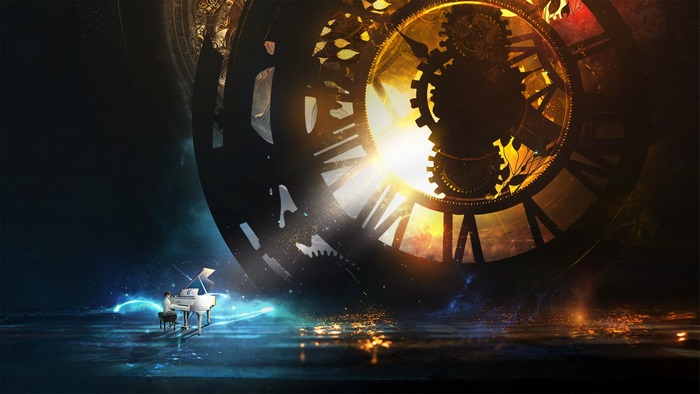 Person playing piano in front of a large clock