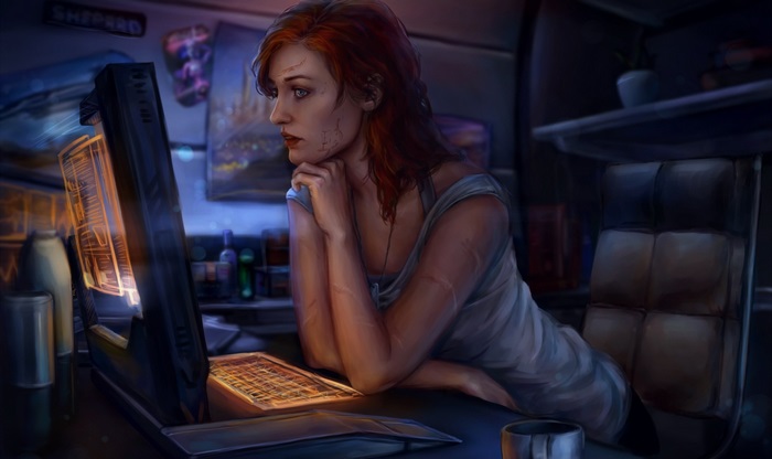 Female Shepard from Mass Effect at computer