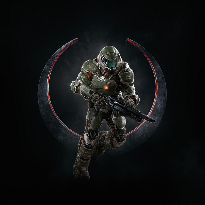Doom Slayer with Shotgun in front of Quake Logo