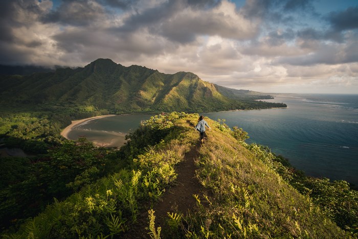 Person hiking on a mountain ridge in Hawaii