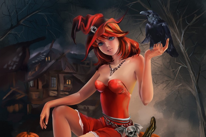 Halloween Witch with Raven and Haunted House