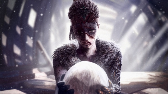 Senua from Hellblade: Senua's Sacrifice holding a skull