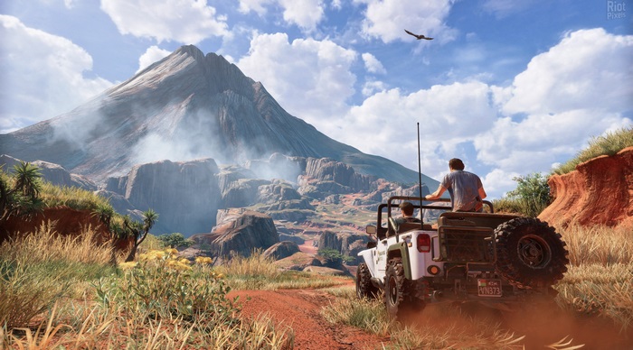 Nathan Drake and companion in a jeep in Uncharted 4