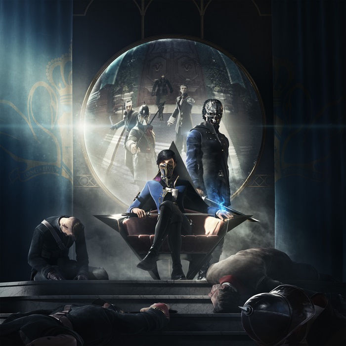Characters from Dishonored 2 in a throne room
