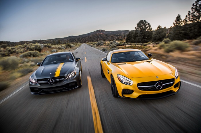 Mercedes-AMG GT and C63 S Coupe on Desert Road