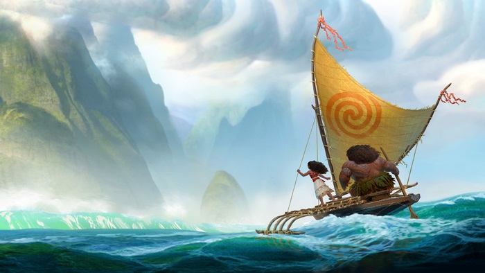Moana sailing on a boat with Maui