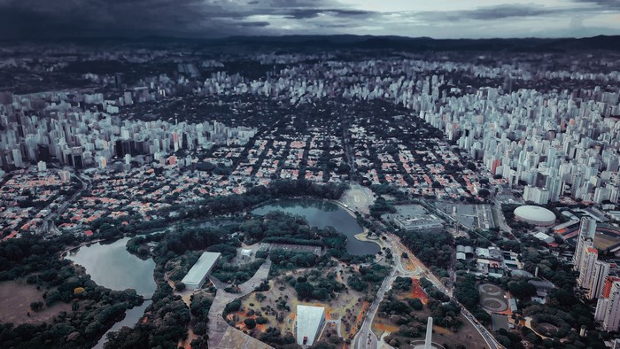 Aerial view of Ibirapuera Park and São Paulo cityscape