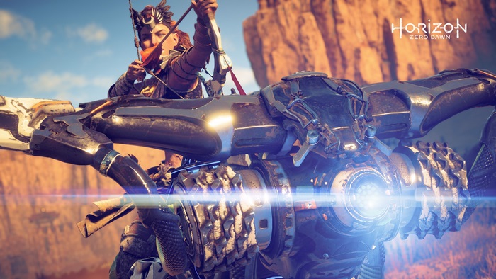 Aloy from Horizon Zero Dawn aiming a bow