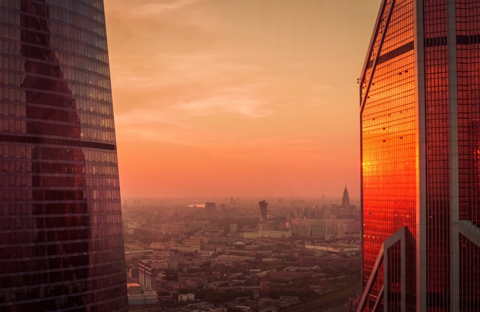 Moscow skyscrapers at sunset 4K