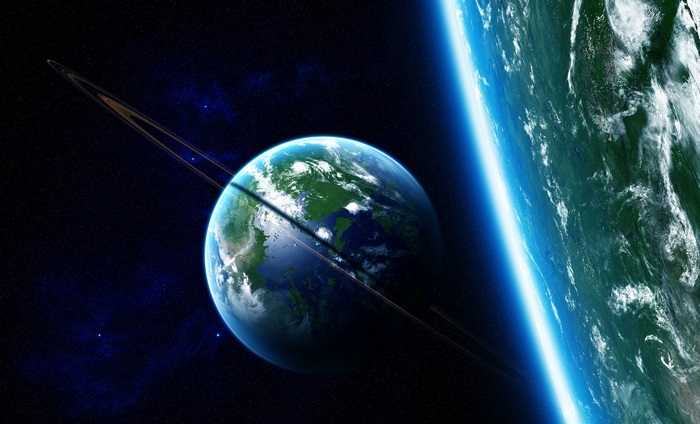 Exoplanet with rings in space 4K