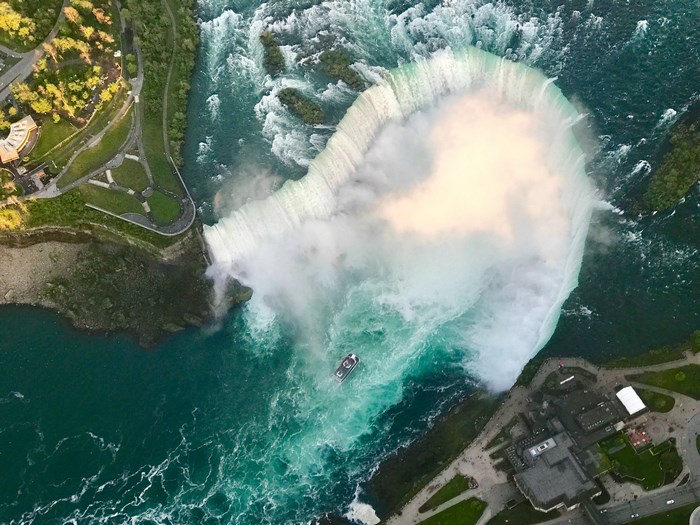 Aerial view of Niagara Falls with a boat