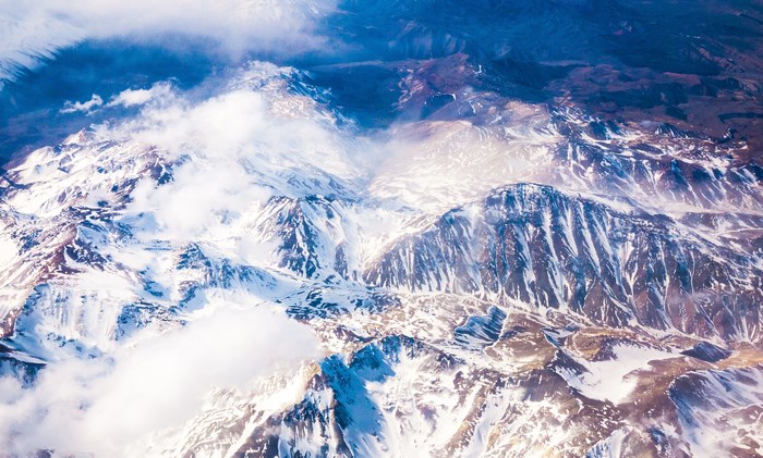 Aerial view of snowy Andes mountains in South America