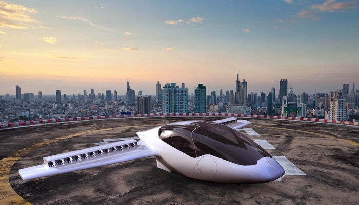 Lilium Jet on helipad with city skyline