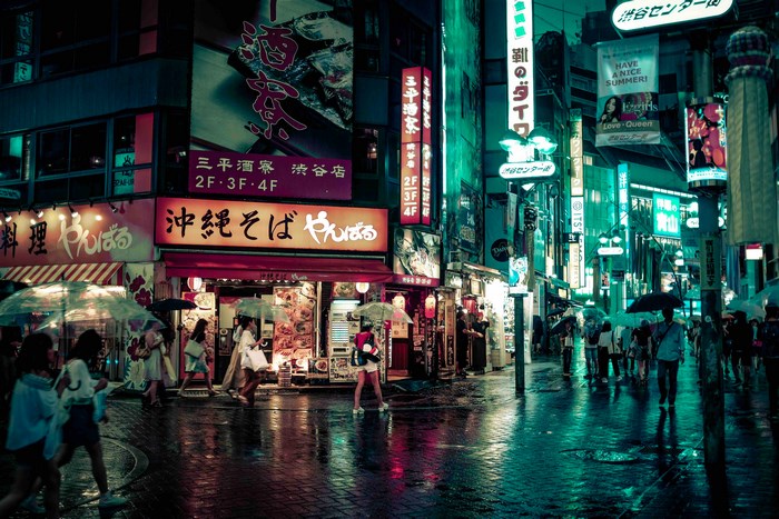 Rainy Night in Shibuya, Japan with Neon Signs