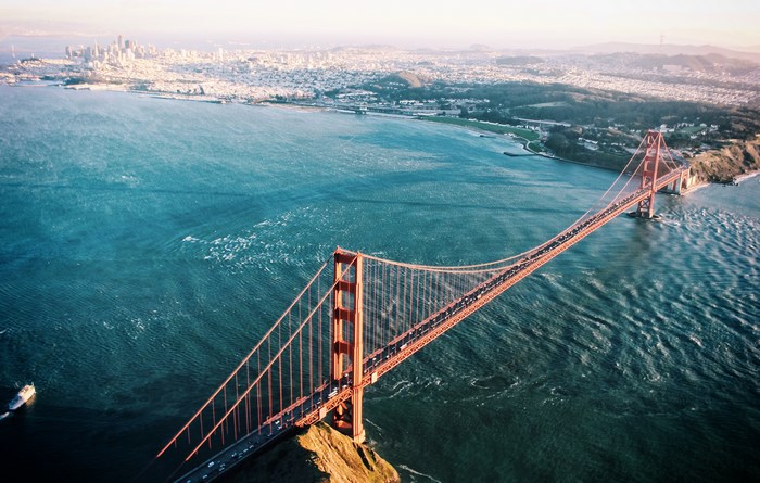 Golden Gate Bridge and San Francisco Skyline Aerial View