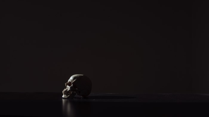 A skull sits on a dark surface in dramatic lighting