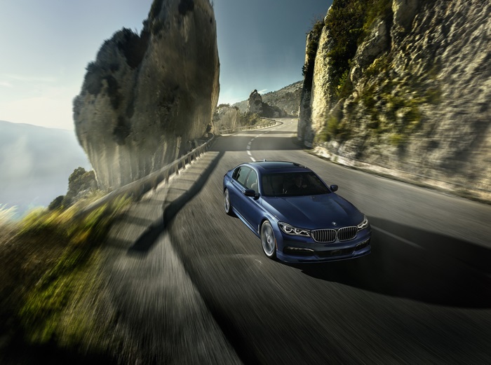 Alpina B7 xDrive driving on a mountain road