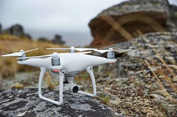 DJI Phantom 4 drone on rocky terrain
