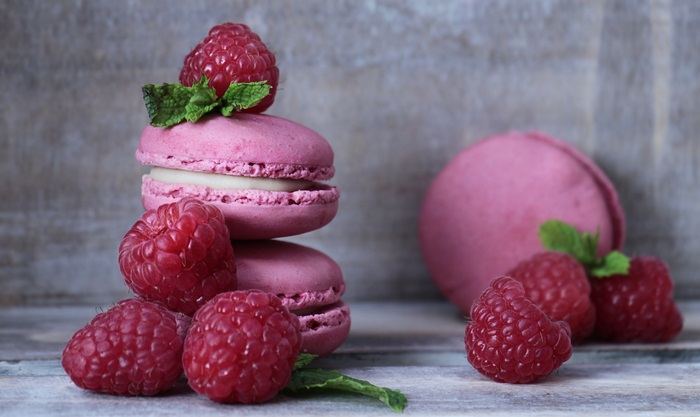 Pink Macarons with Raspberries and Mint