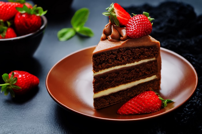 Chocolate Cake Slice with Fresh Strawberries 4K