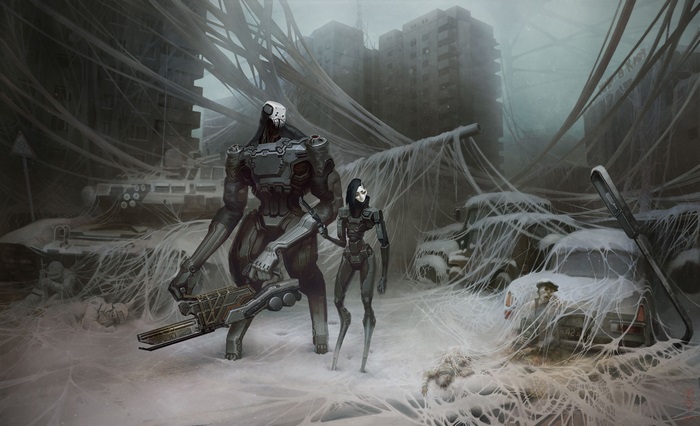 Post-apocalyptic robots in a web-covered city