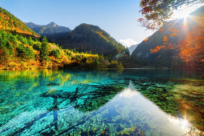 Turquoise lake with autumn trees and mountains