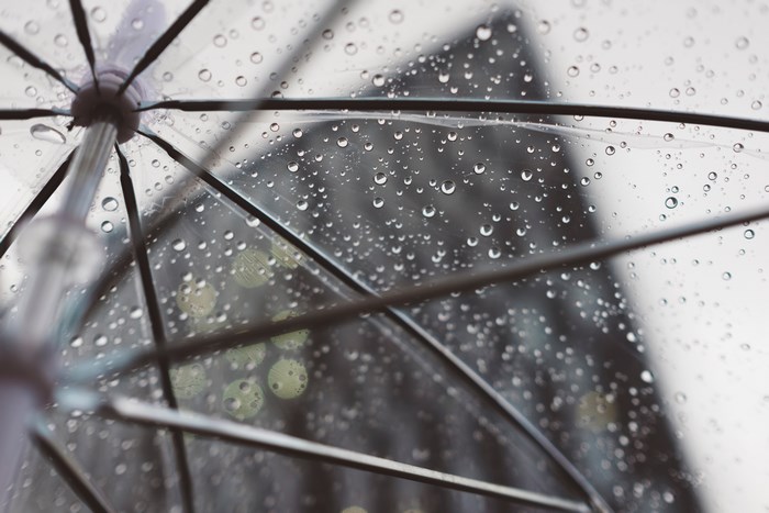 Raindrops on Transparent Umbrella with England Cityscape