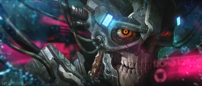Cyborg Skull with Glowing Eyes and Wires 4K