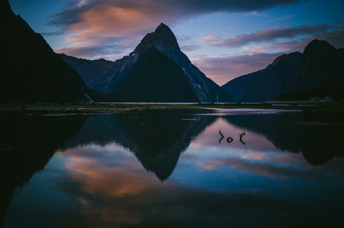 Milford Sound at Dusk with Mountain Reflection