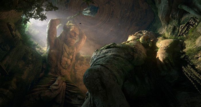 Giant statues in a cave from Uncharted: The Lost Legacy 4K