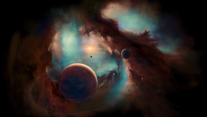 Planets in a colorful nebula 4K