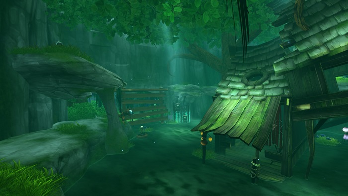 Video game scene with a dilapidated wooden structure