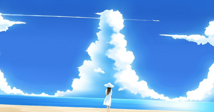 Girl in white dress on beach with clouds and airplane