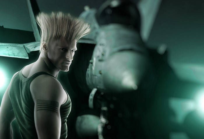 Guile from Street Fighter with a jet