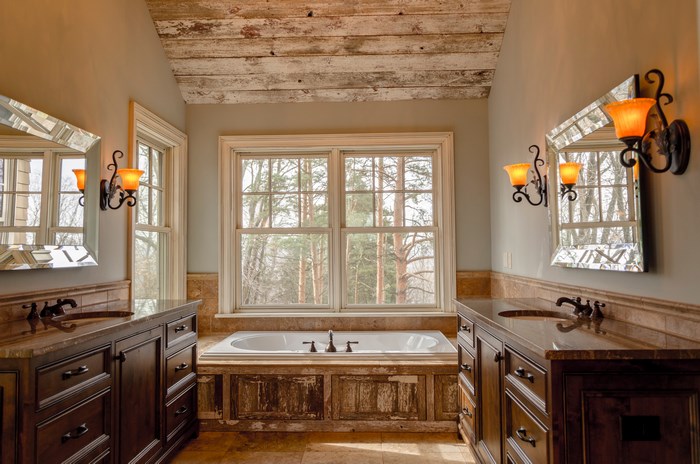 Rustic Bathroom with Wooden Paneling and Cozy Lighting