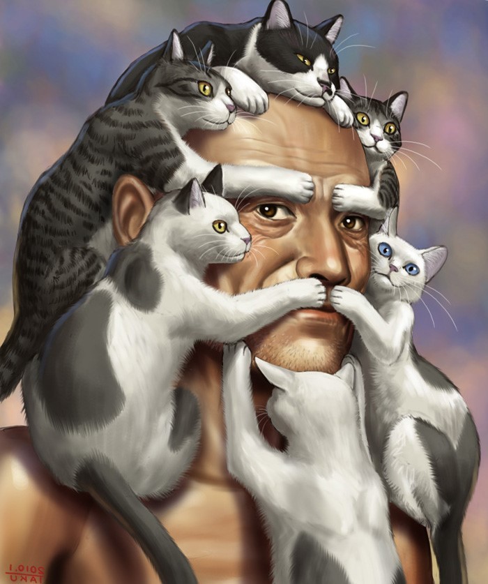 Man with multiple cats on his head and face