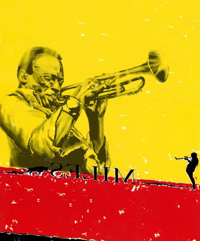 Miles Davis playing trumpet with silhouette figures