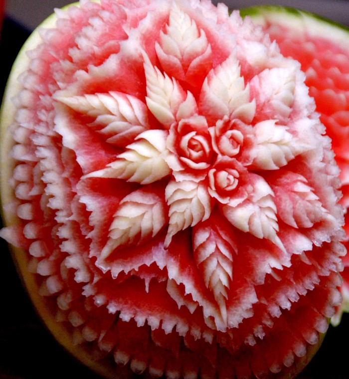 Intricately carved watermelon with floral design