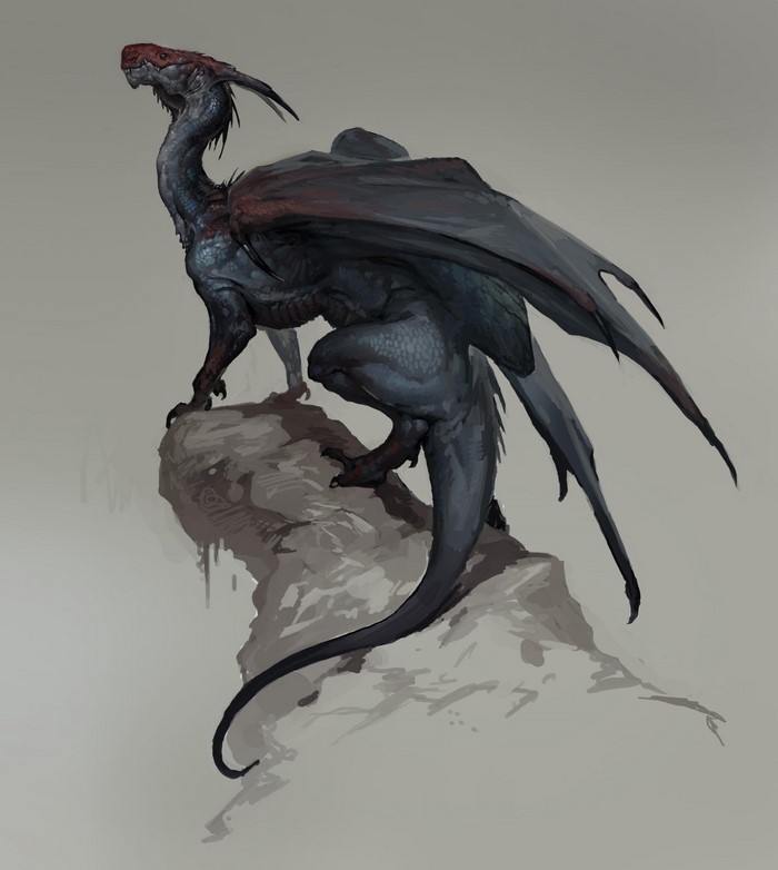 A dark dragon with red accents on a rock