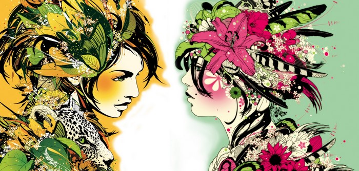 Two stylized faces adorned with flowers and nature elements
