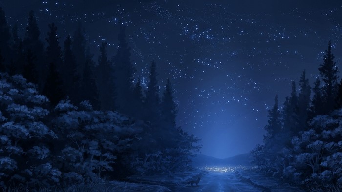 Starry Night Forest Path with Lone Fox