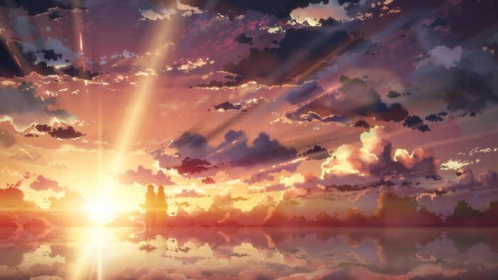Anime sunset with two figures reflected on water