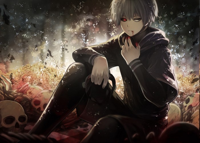 Ken Kaneki from Tokyo Ghoul sitting among skulls
